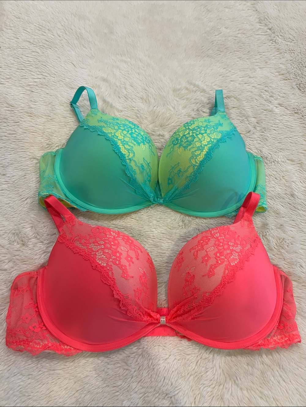 Lot 2 Victorias Secret padded demi bra pink green lace 38C